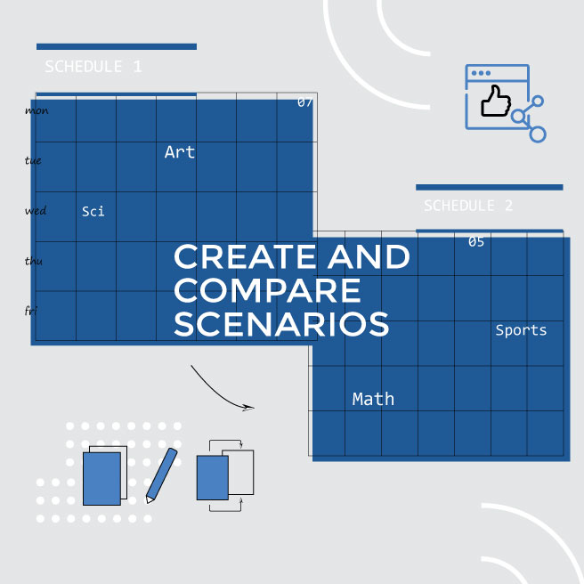 Collaborate and Compare Scenarios. If you are using ascTimetables, primetimetable, or edutimer you can easily see 
                          why SchoolPivot is so much easier to use and powerful. SchoolPivot timetable app can handle most of your needs to 
                          create timetables via an easy to use intuitive interface and workflow